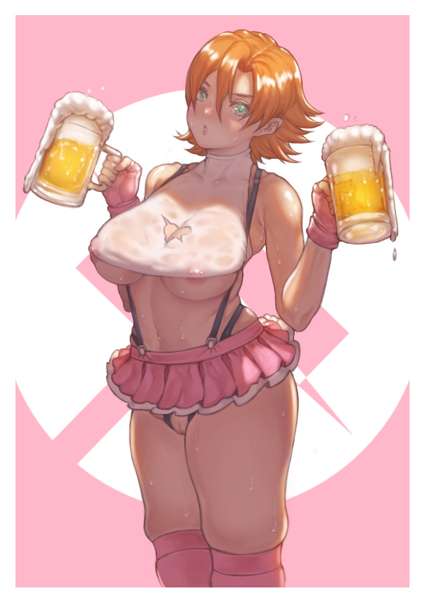 alcohol areola_slip areolae backlighting beer beer_mug black_panties breasts cleavage cleavage_cutout cleft_of_venus commentary covered_nipples crop_top crotchless_panties cup english_commentary fingerless_gloves gloves green_eyes halter_top halterneck highleg highleg_panties highres holding holding_cup huge_breasts kuon_(kwonchanji) microskirt navel nipple_bar nipple_piercing no_bra nora_valkyrie orange_hair over-kneehighs panties piercing pink_gloves pink_legwear pink_skirt pussy rwby short_hair skindentation skirt solo stomach suspender_skirt suspenders sweat thighhighs uncensored underboob underwear wet wet_clothes