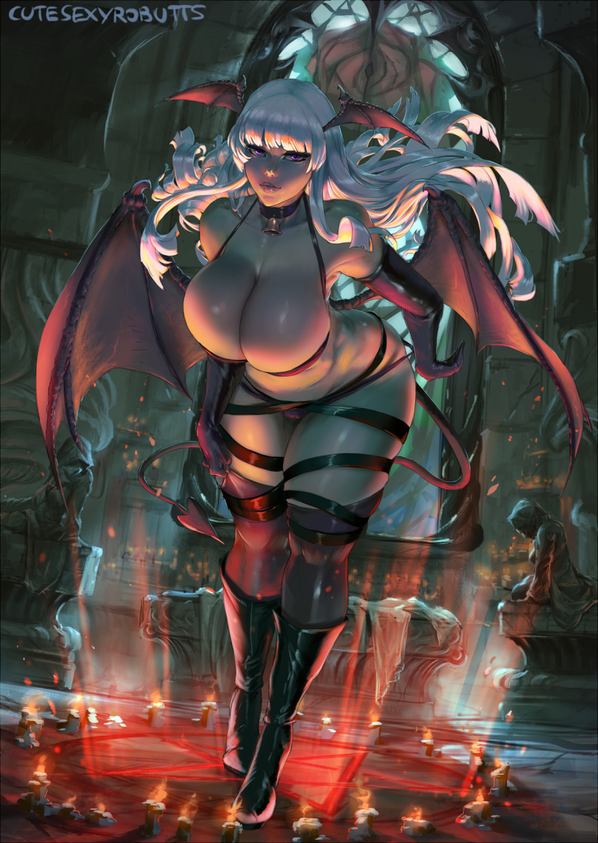 bell bell_collar black_hair breasts cleavage collar collarbone commission curvy cutesexyrobutts demon_girl demon_tail demon_wings head_wings highres huge_breasts leaning_forward light_smile lips long_hair looking_at_viewer monster_girl original pentagram purple_eyes solo succubus tail thick_thighs thighhighs thighs white_hair wide_hips wings
