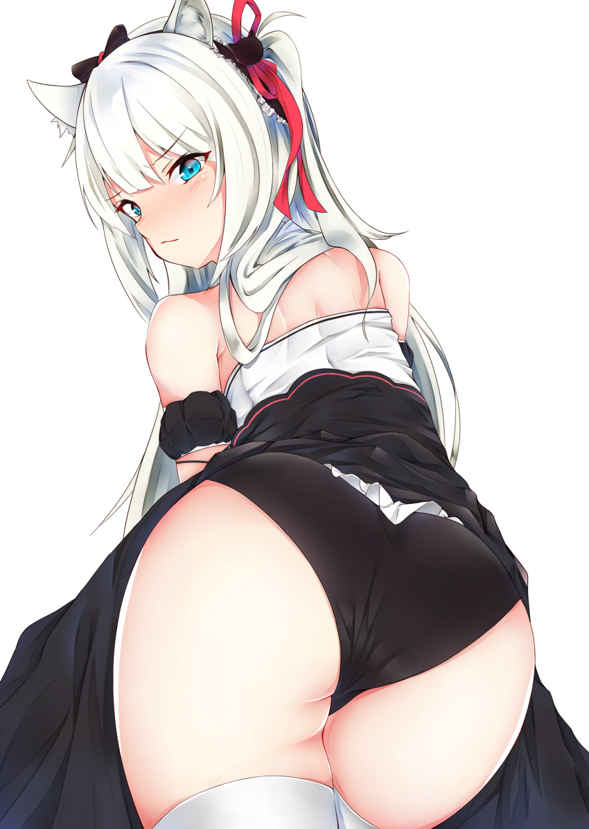 absurdres animal_ears ass azur_lane bangs bare_shoulders black_panties blue_eyes blush bow cat_ears closed_mouth commentary_request crotch crotch_seam dress dress_pull embarrassed eyebrows_visible_through_hair eyes_visible_through_hair frills from_behind hair_bow hair_over_shoulder hair_ribbon hammann_(azur_lane) headdress highres long_hair looking_at_viewer looking_back panties puffy_short_sleeves puffy_sleeves remodel_(azur_lane) ribbon short_sleeves shoulder_blades sidelocks silver_hair simple_background siroimo0828 solo thighhighs thighs underwear very_long_hair white_background white_legwear
