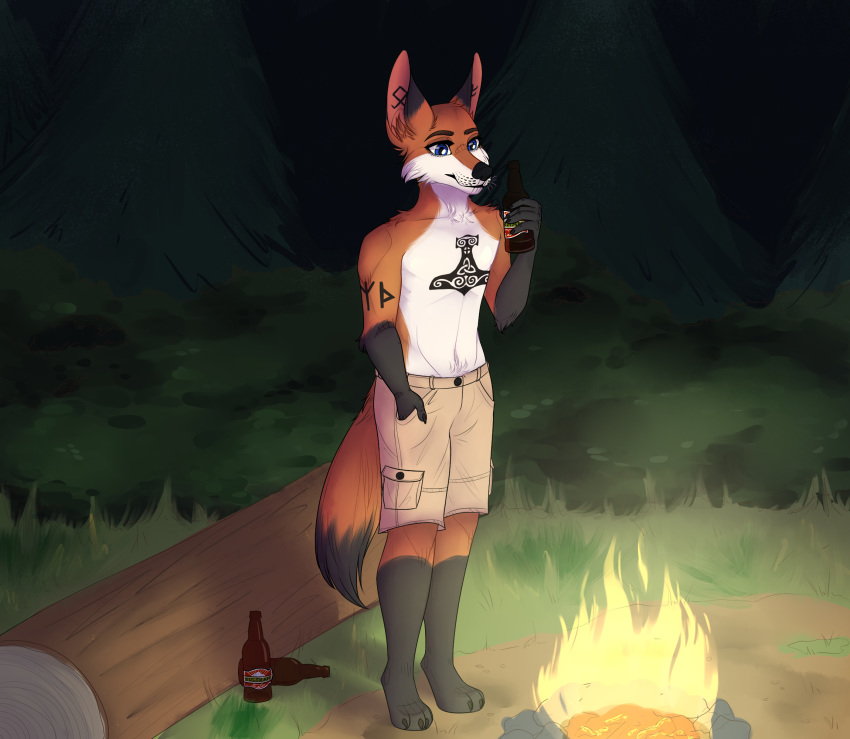 2018 4_toes 5_fingers alcohol anthro beer beverage blvejay campfire camping canine claws detailed digital_media_(artwork) drinking forest fox hi_res male mammal mjolnir outside runes shaded solo tattoo toes tree