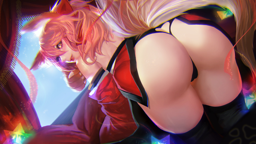 animal_ears ass bangs bare_shoulders black_panties blush bow commentary_request curtains detached_sleeves fate/grand_order fate_(series) fox_ears fox_tail gloves hair_between_eyes hair_bow highres japanese_clothes kimono long_hair looking_at_viewer looking_back off_shoulder panties parted_lips paw_gloves paws pink_hair ponytail red_kimono saint_quartz sash short_kimono smile solo tail tamamo_(fate)_(all) tamamo_cat_(fate) thighs thong tianlluo underwear yellow_eyes