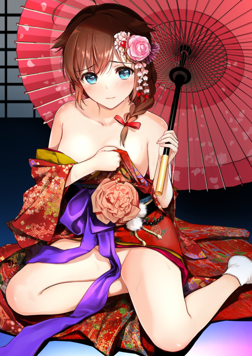 ahoge alternate_costume bangs bare_legs bare_shoulders blue_eyes blush braid brown_hair collarbone commentary_request eyebrows_visible_through_hair flower hair_flaps hair_flower hair_ornament hair_over_shoulder highres japanese_clothes kantai_collection kimono long_hair looking_at_viewer no_bra no_panties oriental_umbrella shigure_(kantai_collection) side_braid single_braid sitting solo sweatdrop umakuchi_shouyu umbrella yokozuwari