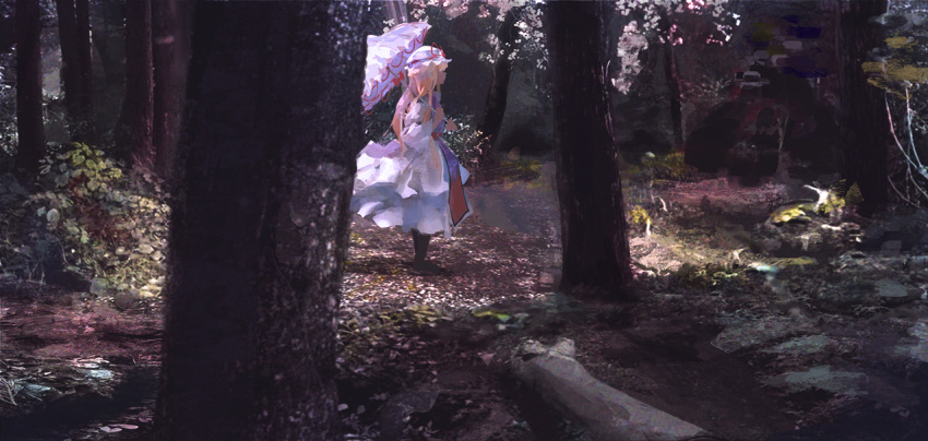 blonde_hair boots dress forest from_side hat hat_ribbon holding holding_umbrella leaf long_hair mob_cap moss nature outdoors parasol puddle red_ribbon ribbon saltlaver solo standing tabard touhou tree umbrella water white_dress white_hat yakumo_yukari