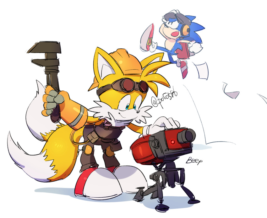 anthro canine clothing cosplay duo eyewear fox gloves hedgehog hi_res male mammal miles_prower overalls poro586 signature sonic_(series) sonic_the_hedgehog team_fortress tools video_games wrench