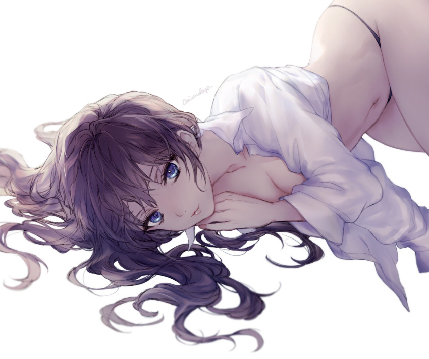 :3 backlighting black_panties blue_eyes breasts bright_pupils cleavage closed_mouth commentary_request cowboy_shot dress_shirt highres ichinose_shiki idolmaster idolmaster_cinderella_girls lips long_hair looking_at_viewer lying medium_breasts michudx navel no_pants on_side panties purple_hair shirt simple_background solo underwear white_background