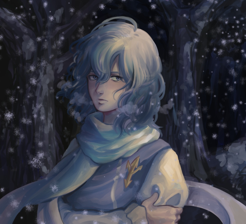 ahoge blue_eyes blue_hair breath crossed_arms expressionless forest hair_between_eyes hand_on_own_arm holding_arm letty_whiterock long_sleeves looking_at_viewer medium_hair nature no_headwear outdoors pin samuhiro_(affairshero85) scarf snowing solo touhou upper_body wind