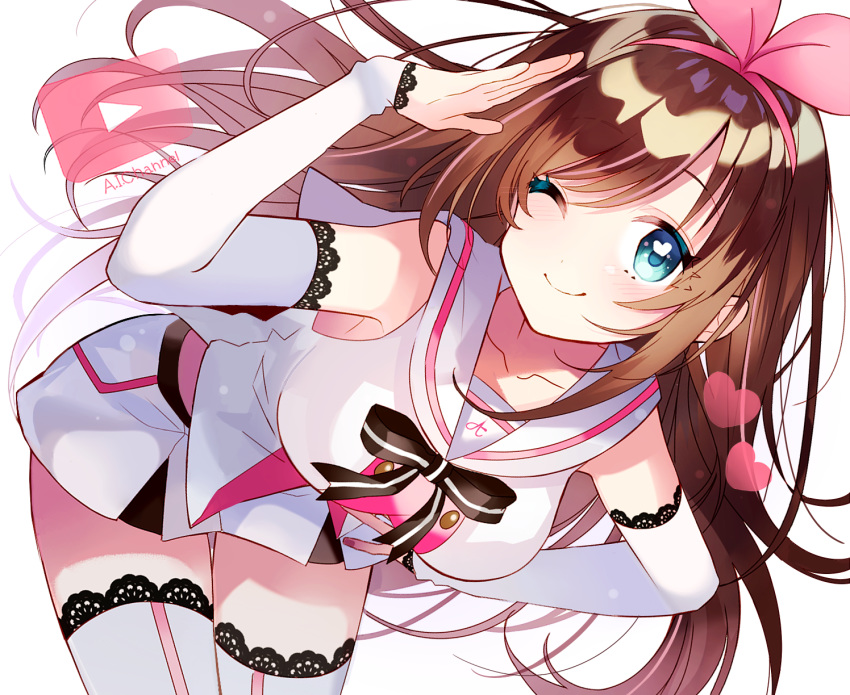 ;) a.i._channel aqua_eyes arm_warmers bare_shoulders bent_over blush breasts brown_hair commentary_request hairband hand_on_hip heart heart-shaped_pupils highres kizuna_ai looking_at_viewer medium_breasts multicolored_hair one_eye_closed pink_hair play_button pomu_(pomu_me) sailor_collar salute short_hair simple_background sleeveless smile streaked_hair symbol-shaped_pupils thighhighs two-tone_hair virtual_youtuber white_background