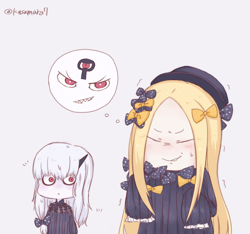 :o abigail_williams_(fate/grand_order) bags_under_eyes bangs black_bow black_dress black_hat blonde_hair blush bow closed_mouth dress facing_viewer fate/grand_order fate_(series) grey_background grin hair_between_eyes hair_bow hat highres imagining lavinia_whateley_(fate/grand_order) long_hair long_sleeves looking_at_another looking_to_the_side multiple_girls nega-tive_otoko orange_bow parted_bangs parted_lips polka_dot polka_dot_bow red_eyes sharp_teeth silver_hair simple_background sleeves_past_fingers sleeves_past_wrists smile sweat teeth trembling twitter_username v-shaped_eyebrows very_long_hair