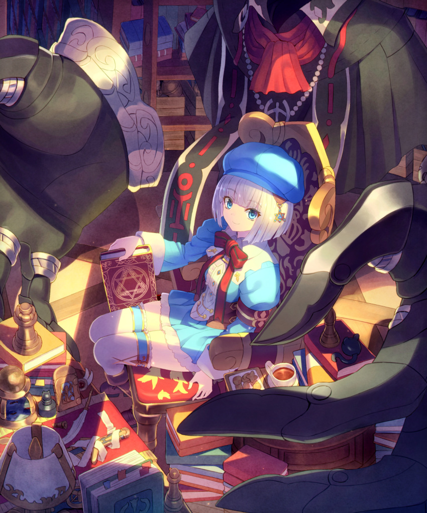 armband armchair bangs black_capelet blue_dress blue_eyes blue_hat blunt_bangs bob_cut book boots brown_footwear cabbie_hat capelet chair closed_mouth commentary_request disembodied_limb dress hair_ornament hat hexagram highres holding holding_book indoors juliet_sleeves kaina_(tsubasakuronikuru) lampshade long_sleeves original partial_commentary pleated_dress puffy_sleeves red_scarf scarf short_hair silver_hair sitting smile solo star white_legwear wide_sleeves