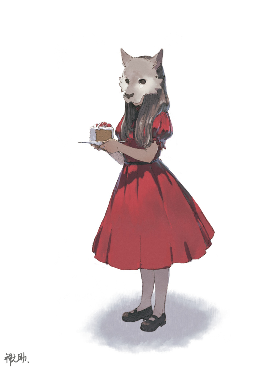 absurdres black_footwear brown_hair cake commentary_request dress facing_viewer food highres holding long_hair mask original plate puffy_short_sleeves puffy_sleeves red_dress shoes short_sleeves signature simple_background solo standing white_background zennosuke