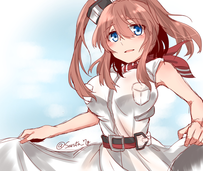 blue_background blue_eyes breast_pocket breasts brown_hair cowboy_shot dress dress_lift highres kantai_collection kuuya_(ayahata43) large_breasts lifted_by_self neckerchief pocket ponytail red_legwear red_neckwear saratoga_(kantai_collection) side_ponytail sidelocks smokestack solo twitter_username white_dress