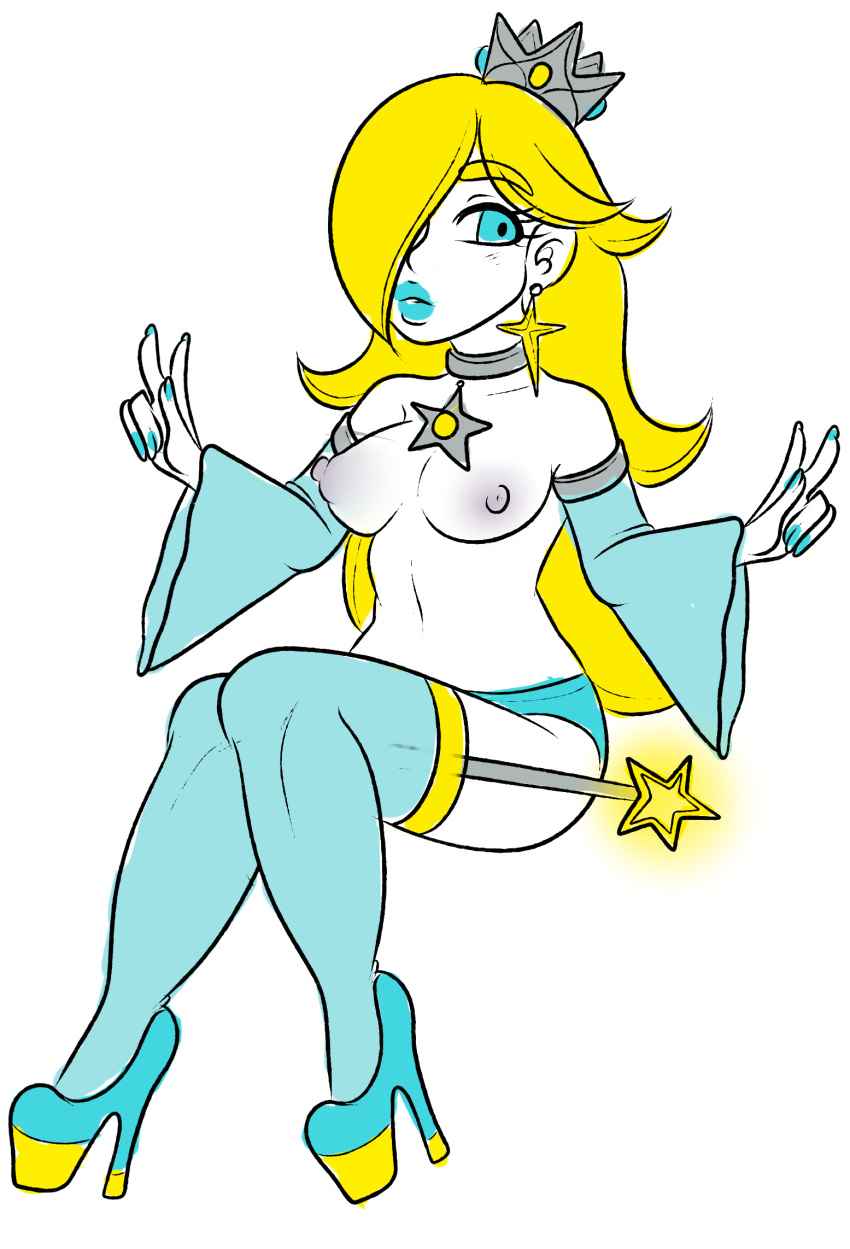 1girl aqua_eyes blonde_hair blue_eyes breasts detached_sleeves earrings high_heels long_hair looking_at_viewer mario_(series) medallion nintendo no_bra panties platform_footwear platform_heels rosetta_(mario) shoe shoes solo super_mario_bros. super_mario_galaxy thighhighs underwear wand