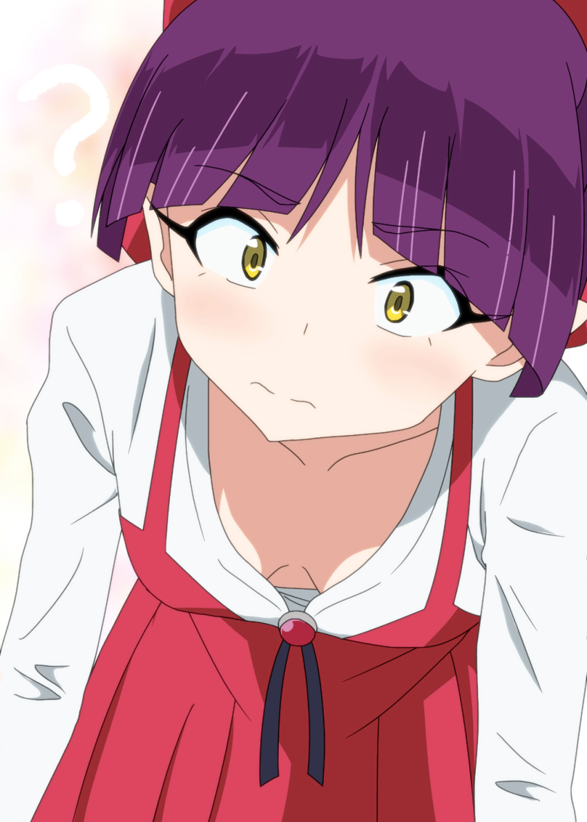 3: ? arms_at_sides bangs blunt_bangs blush breasts brooch collarbone commentary_request downblouse dress eyebrows_visible_through_hair frown gegege_no_kitarou gradient gradient_background highres jewelry leaning_forward long_sleeves looking_at_viewer nekomusume nekomusume_(gegege_no_kitarou_6) ogyadya pink_background purple_hair red_dress shirt short_hair small_breasts solo white_shirt yellow_eyes