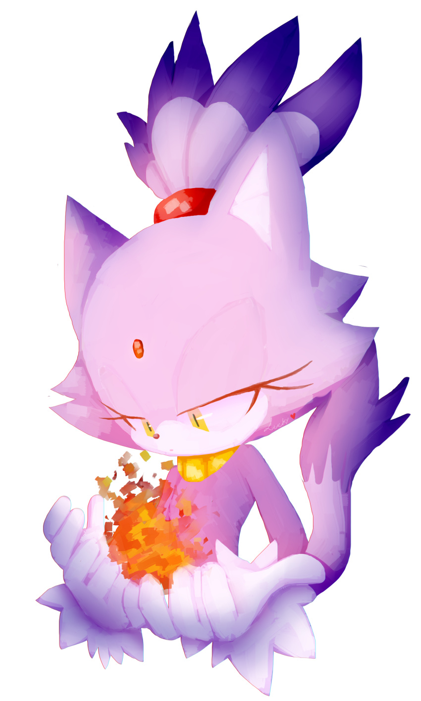 absurd_res anthro black_nose blaze_the_cat clothing dipstick_tail feline female fire fur gloves hair hi_res luckylovely mammal multicolored_tail ponytail purple_fur purple_hair signature solo sonic_(series) video_games white_fur yellow_eyes