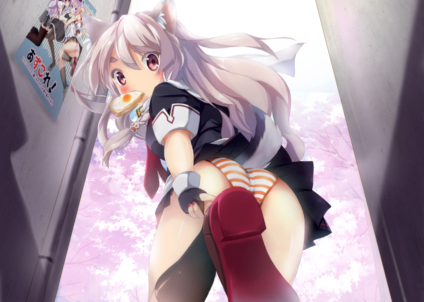 adjusting_footwear animal_ears ass azur_lane bangs black_gloves black_legwear black_serafuku black_skirt blush braid breasts cherry_blossoms commentary_request cosplay day egg fingerless_gloves food food_in_mouth gloves hair_between_eyes hair_ornament hair_ribbon kei_(pixiv2548624) kneehighs loafers long_hair looking_at_viewer looking_back medium_breasts mouth_hold nail_polish neckerchief outdoors panties pleated_skirt poster_(object) red_eyes red_footwear red_nails ribbon scarf school_uniform serafuku shiny shiny_skin shoes short_sleeves side_braid sidelocks silver_hair skirt sleeves_folded_up solo striped striped_panties tail thick_eyebrows thighs toast toast_in_mouth underwear yuudachi_(azur_lane) yuudachi_(kantai_collection) yuudachi_(kantai_collection)_(cosplay)