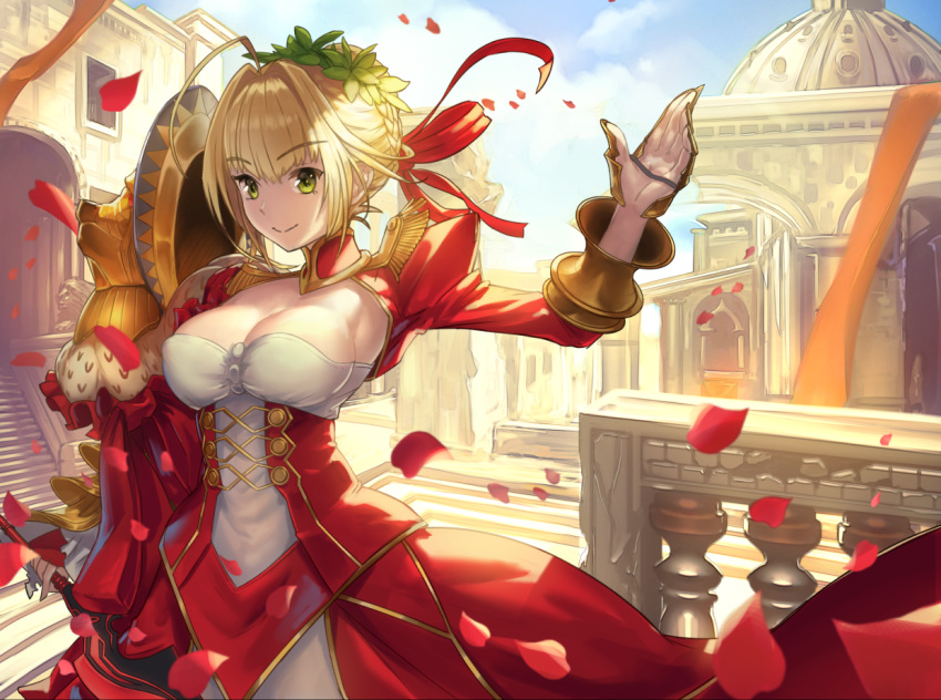 aestus_estus ahoge architecture arm_at_side arm_guards arm_up armpit_peek backlighting bangs blonde_hair blue_sky braid breasts building cleavage_cutout closed_eyes cloud covered_nipples day dress eyebrows_visible_through_hair fate/grand_order fate_(series) green_eyes hair_ribbon head_wreath holding holding_sword holding_weapon juliet_sleeves kazto_furuya large_breasts long_sleeves looking_at_viewer nero_claudius_(fate) nero_claudius_(fate)_(all) petals puffy_sleeves railing red_dress red_ribbon ribbon rose_petals shiny shiny_hair short_hair shoulder_armor sky solo sunlight sword temple vambraces weapon