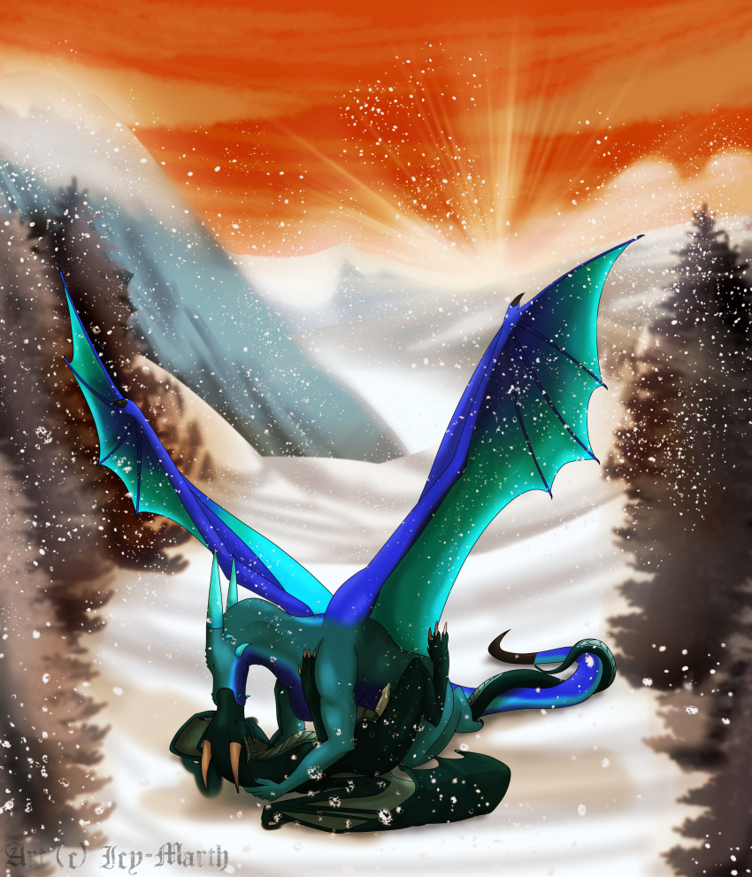 2017 3_toes absurd_res anal anal_penetration animal_genitalia animal_penis blue_penis blue_scales claws detailed_background dewclaw digital_media_(artwork) dragon duo entwined_tails erection eyes_closed feral feral_on_feral forest garo garo_(garoshadowscale) garoshadowscale hi_res hindpaw horn ice_dragon icy-marth kissing lying male male/male male_penetrating membranous_wings missionary_position mountain nude on_back paws penetration penis reptile scales scalie sex shaded shard shard_(aquafreeze) snow spread_legs spreading sunset toe_claws toes tree western_dragon wings