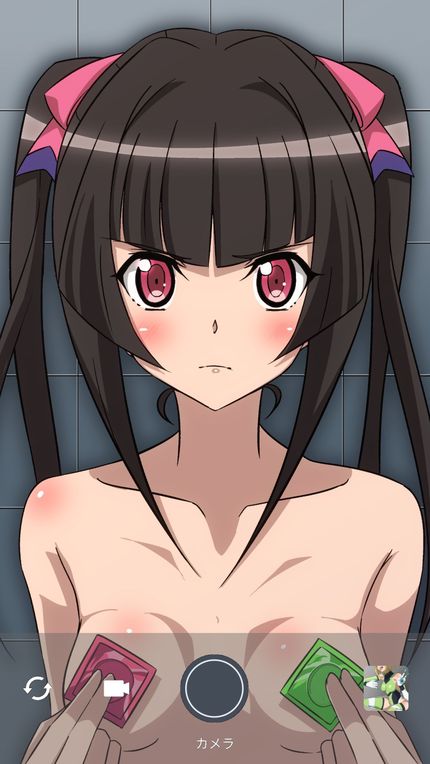 absurdres akatsuki_kirika angry bangs black_hair blunt_bangs blush body_blush breasts chi_moooon closed_mouth collarbone commentary_request condom condom_wrapper covering covering_nipples fake_screenshot hair_ornament highres leotard long_hair looking_at_viewer multiple_girls nude pink_eyes senki_zesshou_symphogear shiny shiny_hair shiny_skin small_breasts solo_focus tsukuyomi_shirabe twintails upper_body
