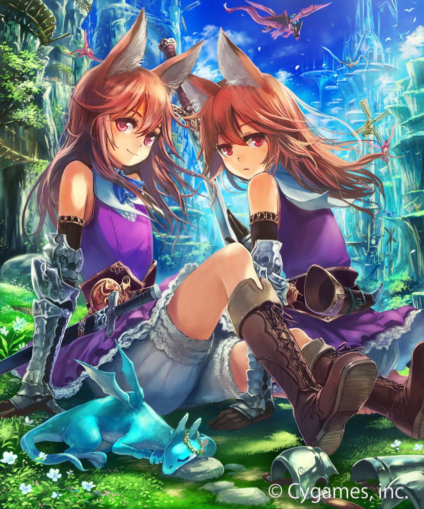 absurdres animal_ears arm_support armor bird black_gloves blue_neckwear blue_sky brown_footwear brown_hair day dragon dress elbow_gloves eyebrows_visible_through_hair floating_hair gloves hair_between_eyes highres igarashi_youhei long_hair looking_at_viewer multiple_girls outdoors purple_dress red_eyes shingeki_no_bahamut short_dress shorts shorts_under_dress sitting sky sleeping sleeveless sleeveless_dress smile tuxedo white_shorts