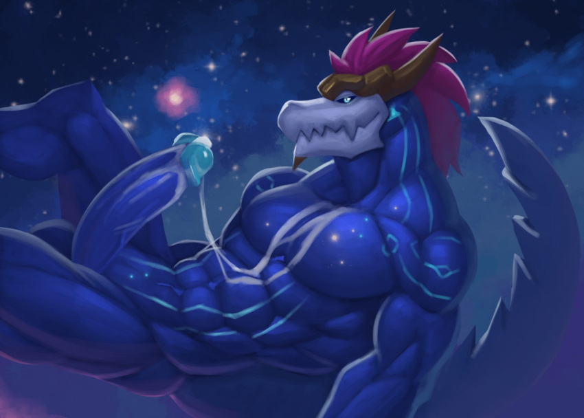 abs anthro aurelion_sol_(lol) barazoku biceps blue_eyes blue_skin butt cum cum_on_body cum_on_chest cum_on_penis cum_string dragon erection hair horn humanoid_penis kittikary league_of_legends long_hair long_penis lying male manly muscular on_back orgasm pecs penis riot_games scalie smile solo triceps vein veiny_penis video_games