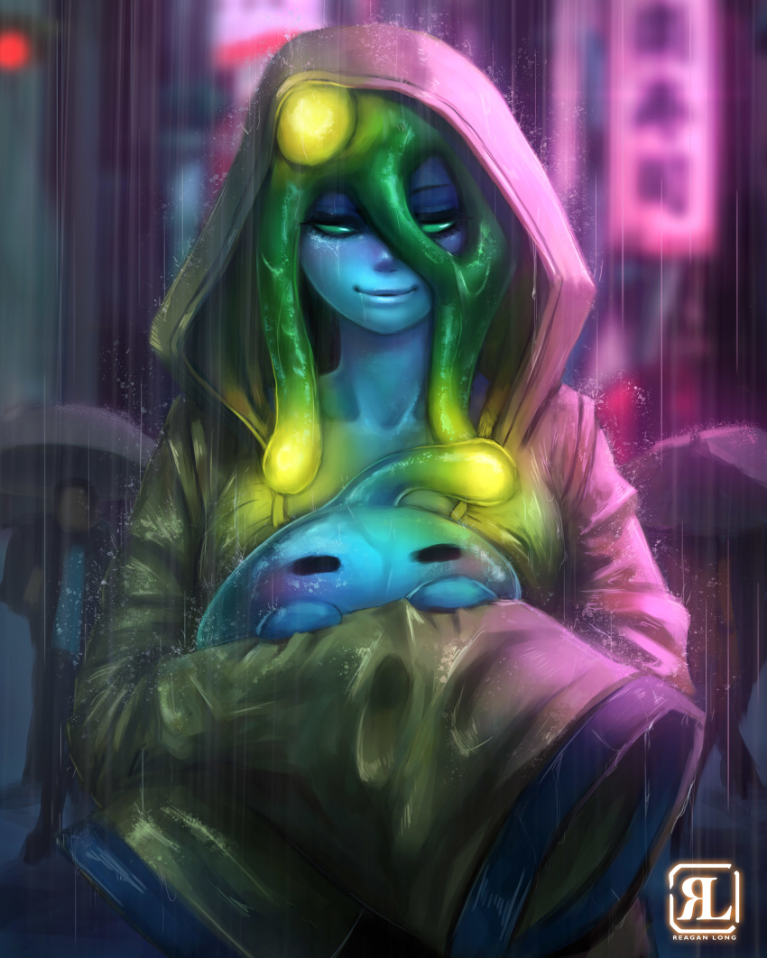 absurdres ahoge artist_name blue_skin city commentary dual_persona english_commentary glowing goo_girl green_eyes green_hair hair_between_eyes highres long_sleeves monster_girl monster_musume_no_iru_nichijou outdoors rain raincoat reagan_long smile suu_(monster_musume) tentacle_hair umbrella wet