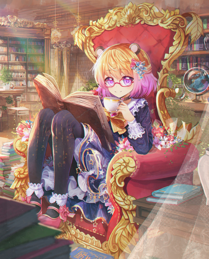 absurdres animal_ears black_legwear blonde_hair blue_dress blurry blurry_foreground book book_stack bookshelf borrowed_character bow bowtie cabinet closed_mouth commentary_request cup curtains daikazoku63 day depth_of_field dress flower frills glasses globe gradient_hair hair_ornament high_heels highres indoors knees_up library light_rays lolita_fashion long_sleeves looking_at_viewer mary_janes multicolored_hair open_book original pantyhose petticoat pink_footwear plant pot potted_plant purple_eyes purple_hair red-framed_eyewear shoes short_hair sitting smile solo teacup throne yellow_neckwear