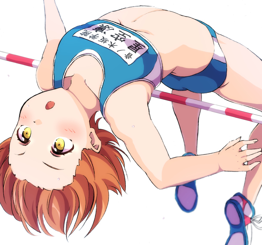 :o arched_back ass bare_arms bare_shoulders blue_buruma blush buruma clothes_writing collarbone flat_chest forehead foreshortening high_jump highres horizontal_bar hoshizora_rin love_live! love_live!_school_idol_project midair no_socks open_mouth orange_hair sen_(sen0910) shoes short_hair simple_background sneakers solo sweat tareme track_and_field track_uniform white_background white_footwear yellow_eyes
