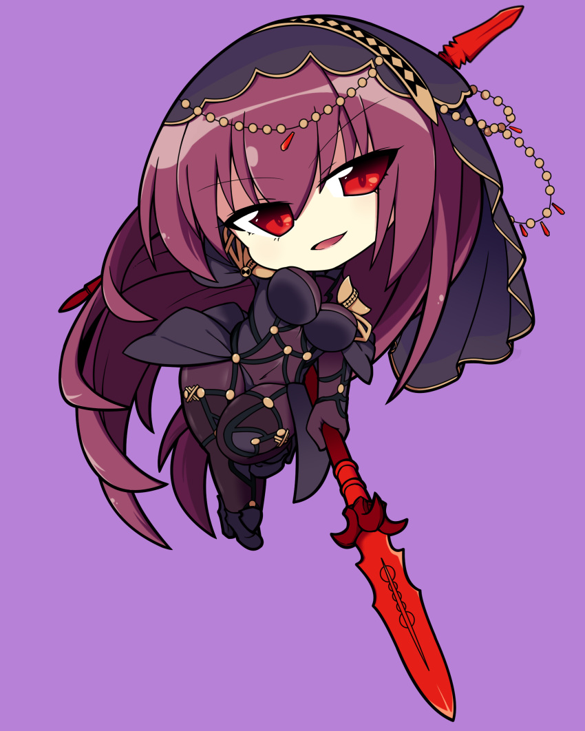 absurdres bangs bodysuit breasts chibi covered_navel dg11 dual_wielding eyebrows_visible_through_hair fate/grand_order fate_(series) full_body hair_ornament high_heels highres holding large_breasts long_hair navel open_mouth pauldrons polearm purple_background purple_bodysuit purple_hair red_eyes scathach_(fate)_(all) scathach_(fate/grand_order) simple_background smile solo spear veil very_long_hair weapon