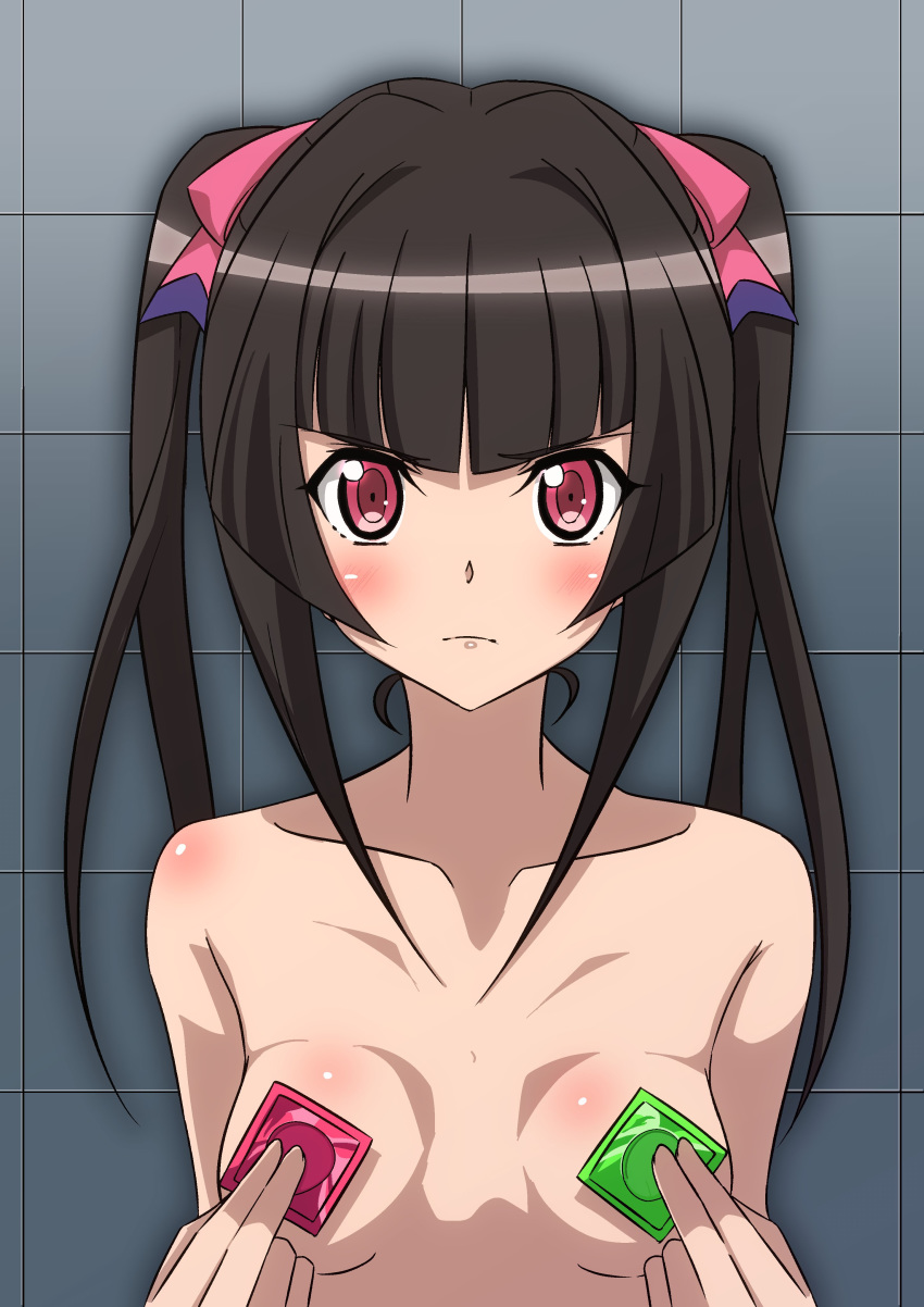 absurdres angry bangs black_hair blunt_bangs blush body_blush breasts chi_moooon closed_mouth collarbone commentary_request condom condom_wrapper covering covering_nipples hair_ornament highres long_hair looking_at_viewer nude pink_eyes senki_zesshou_symphogear shiny shiny_hair shiny_skin small_breasts solo tsukuyomi_shirabe twintails upper_body