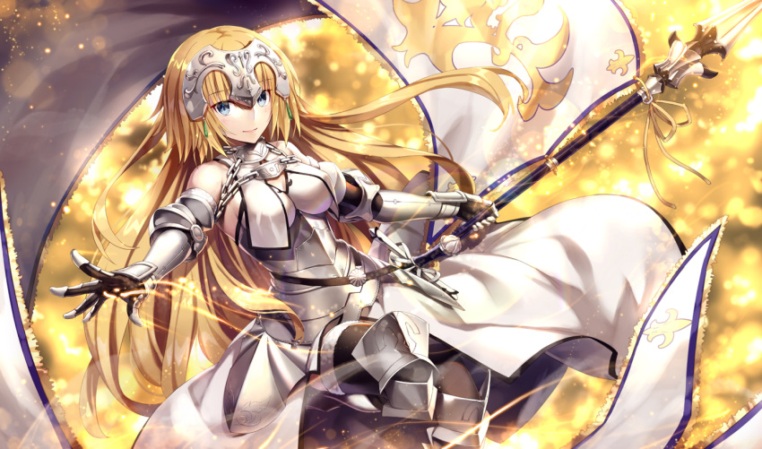 armor armored_dress bangs banner bare_shoulders black_gloves black_legwear blonde_hair blue_eyes blurry blurry_background blush breasts chain cleavage cleavage_cutout closed_mouth collarbone commentary_request dress elbow_gloves elbow_pads eyebrows_visible_through_hair fate/grand_order fate_(series) faulds floating_hair fur-trimmed_gloves fur-trimmed_legwear fur_trim gabiran gauntlets gloves greaves headpiece holding holding_spear holding_weapon jeanne_d'arc_(fate) jeanne_d'arc_(fate)_(all) leg_up lens_flare light_particles light_trail long_dress long_hair looking_at_viewer medium_breasts orange_background orange_ribbon outstretched_arm plackart polearm ribbon sheath sheathed shiny shiny_hair smile solo spear standard_bearer sword thighhighs underbust very_long_hair weapon white_dress wind yellow_background