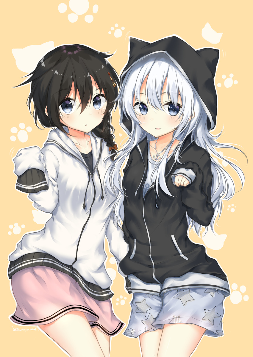 :o absurdres anchor anchor_symbol animal_hood bangs black_hair black_hoodie black_shirt blue_eyes blush bow braid breasts casual cat_hood commentary_request cowboy_shot eyebrows_visible_through_hair hair_between_eyes hair_bow hair_flaps hair_ornament hairpin hibiki_(kantai_collection) highres hood hood_up hoodie jewelry kantai_collection long_hair long_sleeves looking_at_viewer miniskirt multiple_girls necklace outline parted_lips paw_background pink_skirt pocket remodel_(kantai_collection) shigure_(kantai_collection) shirt shorts silver_hair single_braid skirt sleeves_past_fingers sleeves_past_wrists small_breasts smile standing star star_print twitter_username uzuki_tsukuyo white_hoodie white_outline white_shirt yellow_background