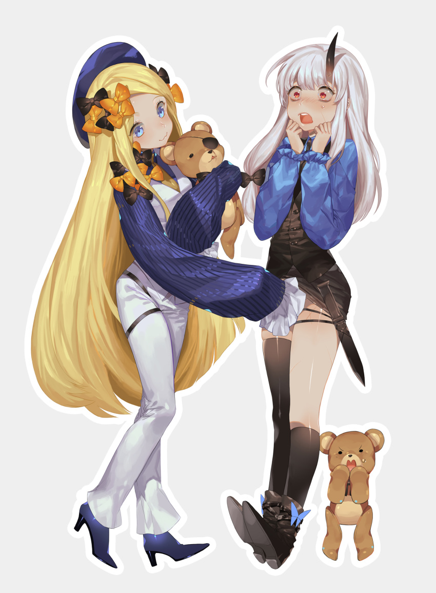 :3 abigail_williams_(fate/grand_order) alternate_costume asymmetrical_legwear bangs beret black_bow black_footwear black_legwear black_skirt black_vest blonde_hair blue_eyes blue_footwear blue_hat blue_shirt blush boots bow closed_mouth commentary contrapposto eyepatch fate/grand_order fate_(series) grey_background hair_bow hands_up hat head_tilt high_heels highres holster horn implied_fingering joenny kneehighs knife knife_holster lavinia_whateley_(fate/grand_order) lifted_by_another long_hair long_sleeves multiple_girls object_hug open_mouth orange_bow outline pants parted_bangs pencil_skirt red_eyes shirt silver_hair single_kneehigh single_thighhigh skirt skirt_lift sleeves_past_fingers sleeves_past_wrists standing striped striped_shirt stuffed_animal stuffed_toy sweat teddy_bear thigh_holster thighhighs upper_teeth vertical-striped_shirt vertical_stripes very_long_hair vest white_outline white_pants white_vest wide-eyed