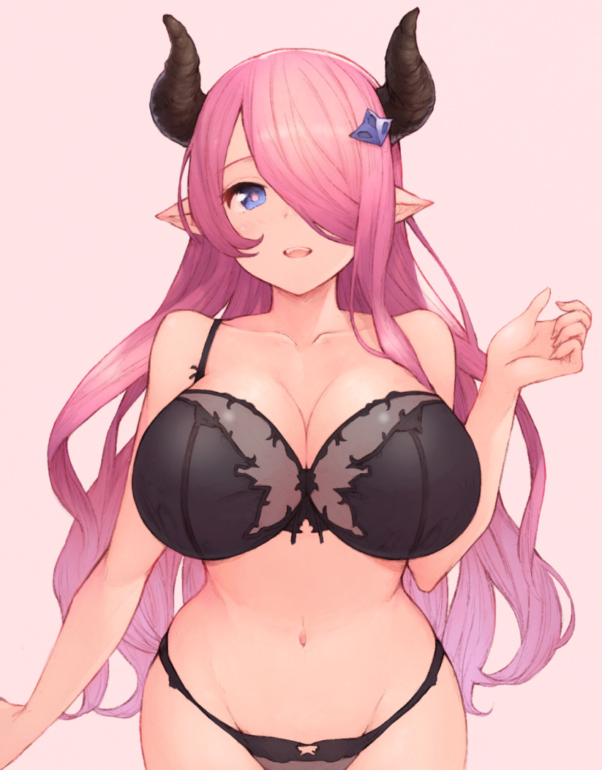 :d arm_at_side bare_arms bare_shoulders black_bra black_panties blush bra breasts bright_pupils cleavage draph granblue_fantasy hair_ornament hair_over_one_eye hairpin hand_up highres horns huge_breasts koretsuki_azuma lingerie long_hair looking_at_viewer narmaya_(granblue_fantasy) navel open_mouth panties pink_background pink_hair purple_eyes shiny shiny_hair shiny_skin simple_background smile solo stomach tareme underwear very_long_hair