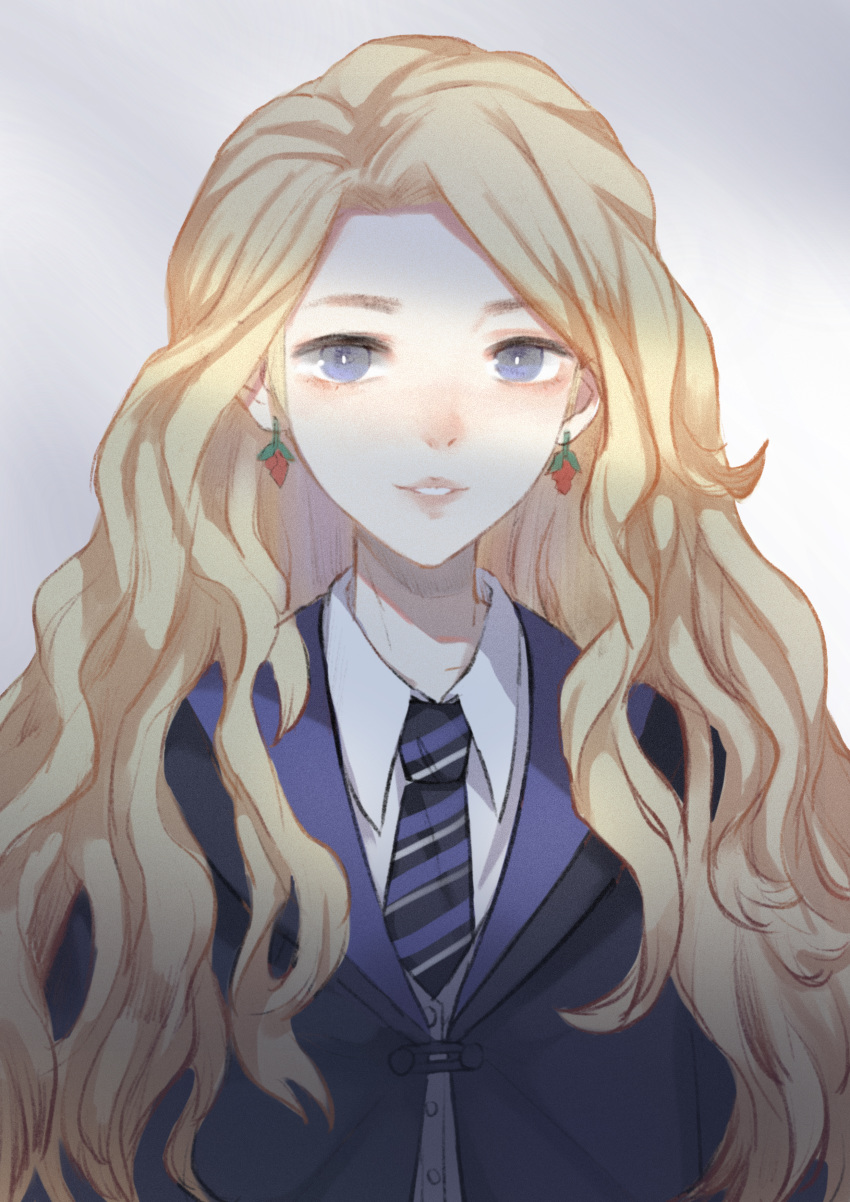 absurdres blue_eyes blush bright_pupils collared_shirt earrings forehead gradient gradient_background grey_background harry_potter highres jewelry light_smile long_hair luna_lovegood necktie nose_blush parted_lips robe shirt solo striped striped_neckwear upper_body wavy_hair white_shirt wing_collar xiang_wan_wei_wan