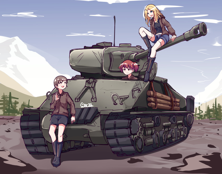 absurdres against_object alisa_(girls_und_panzer) arm_support artist_name bangs black_footwear black_shirt black_shorts blue_shorts boots brown_jacket closed_mouth commentary day frown girls_und_panzer ground_vehicle highres jacket kay_(girls_und_panzer) leaning_back long_hair long_sleeves looking_at_another looking_back m4_sherman military military_uniform military_vehicle motor_vehicle multiple_girls naomi_(girls_und_panzer) open_clothes open_jacket open_mouth outdoors saunders_military_uniform shirt short_hair short_twintails shorts signature sitting smile standing tank tegar32 thighhighs twintails uniform very_short_hair waving white_legwear