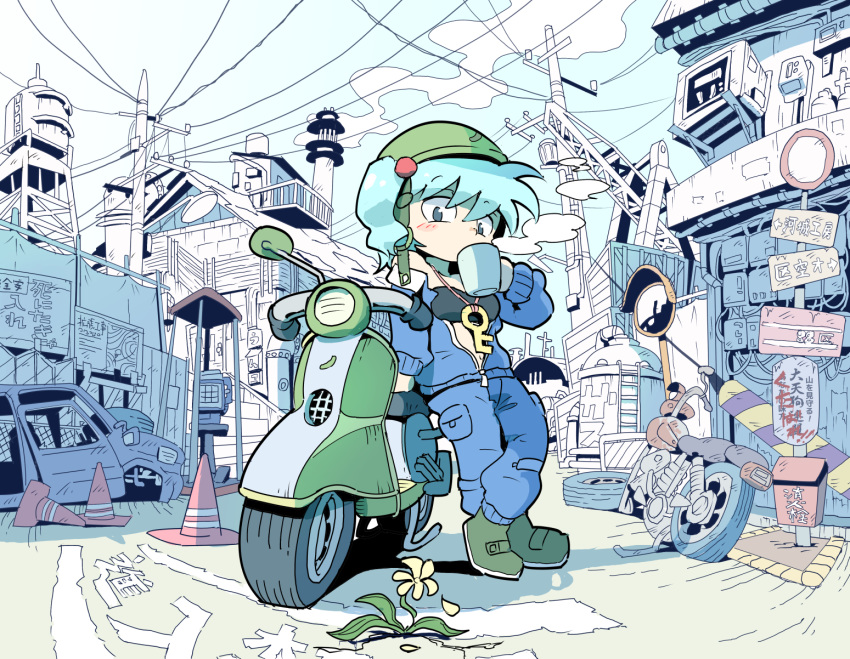 arm_support blue_eyes blue_hair blue_jacket blue_pants boots crossed_legs cup daisy drinking eyebrows_visible_through_hair flower full_body green_footwear ground_vehicle hair_bobbles hair_ornament helmet highres jacket kawashiro_nitori key key_necklace long_sleeves motor_vehicle moyazou_(kitaguni_moyashi_seizoujo) mug open_clothes open_jacket pants petals phone pocket power_lines road_sign scooter sign smokestack solo standing strapless touhou traffic_cone traffic_mirror tubetop two_side_up unzipped wheel white_flower zipper zipper_pull_tab