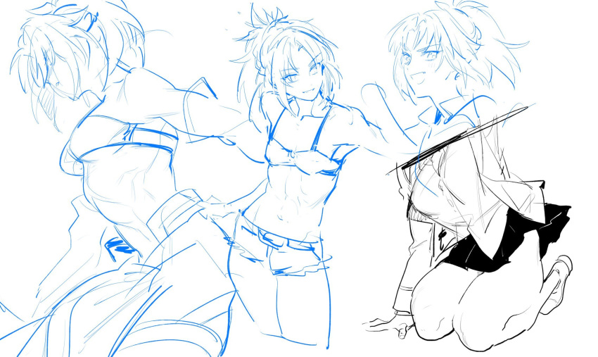 :d alternate_costume breasts denim denim_shorts eyebrows fate/apocrypha fate/grand_order fate_(series) groin highres jeans kneeling kotneciii lineart mordred_(fate) mordred_(fate)_(all) multiple_views navel open_mouth pants ponytail shorts sketch skirt small_breasts smile underboob v-shaped_eyebrows white_background