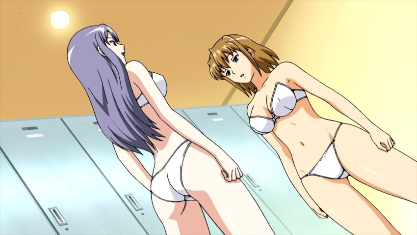 2girls :d :o agent_aika aika_zero annoyed arm ass bare_arms bare_legs bare_shoulders bra breasts brown_hair clenched_hand collarbone dutch_angle female grey_hair highres indoors legs lingerie long_hair looking_at_another medium_breasts midriff multiple_girls navel neck panties shiratori_miyu short_hair smile standing strapless strapless_bra sumeragi_aika sweatdrop white_bra white_panties