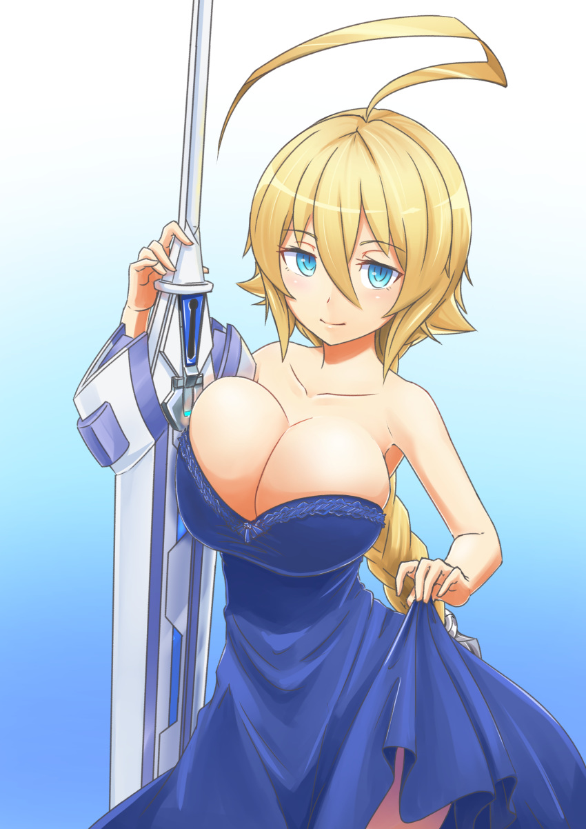 absurdres ahoge alternate_costume anlo blazblue blonde_hair blue_dress blue_eyes braid breast_press breasts bursting_breasts cleavage commentary dress dress_lift es_(xblaze) gradient gradient_background highres large_breasts long_hair low_neckline smile solo strapless strapless_dress sword weapon xblaze