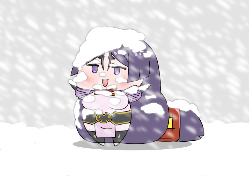 absurdly_long_hair absurdres blush bodysuit chibi commentary_request fate/grand_order fate_(series) hands_up highres jitome long_hair minamoto_no_raikou_(fate/grand_order) pelvic_curtain puffy_sleeves purple_eyes purple_hair rei_(rei_rr) sash snow snowing solo standing very_long_hair