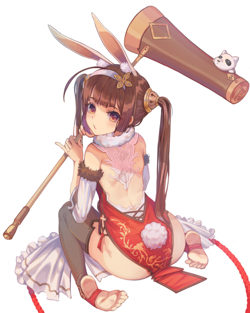 ahoge animal_ears ass azur_lane bangs bare_shoulders barefoot blunt_bangs blush bunny_ears china_dress chinese_clothes closed_eyes detached_sleeves dog dress elrusa from_behind full_body fur-trimmed_sleeves fur_collar fur_trim hammer highres holding holding_hammer kemonomimi_mode long_hair long_sleeves looking_back pelvic_curtain ping_hai_(azur_lane) pinky_out pouty_lips red_dress red_eyes rope simple_background soles solo stirrup_legwear toeless_legwear toes twintails white_background