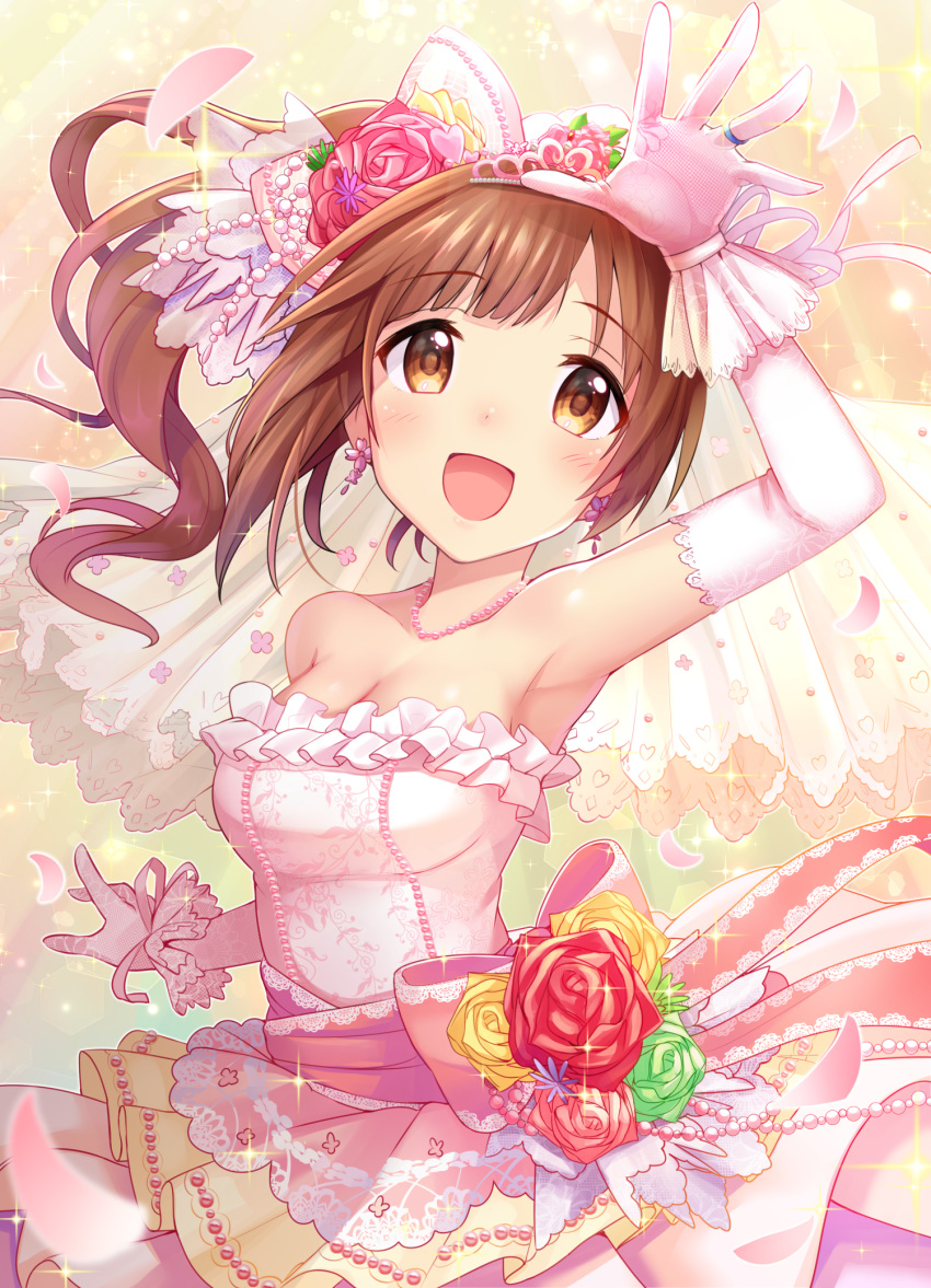 :d arm_up armpits bangs bare_shoulders bead_necklace beads blurry blush breasts bridal_veil brown_eyes brown_hair cleavage cowboy_shot depth_of_field dress earrings elbow_gloves eyebrows_visible_through_hair flower flower_earrings frilled_dress frills gloves green_flower green_rose hair_flower hair_ornament heart highres idolmaster idolmaster_cinderella_girls igarashi_kyouko jewelry long_hair looking_at_viewer medium_breasts necklace open_mouth petals red_flower red_rose ribbon ring rose side_ponytail smile solo sparkle standing strapless strapless_dress u_rin veil wedding_band wedding_dress wrist_ribbon yellow_flower yellow_rose
