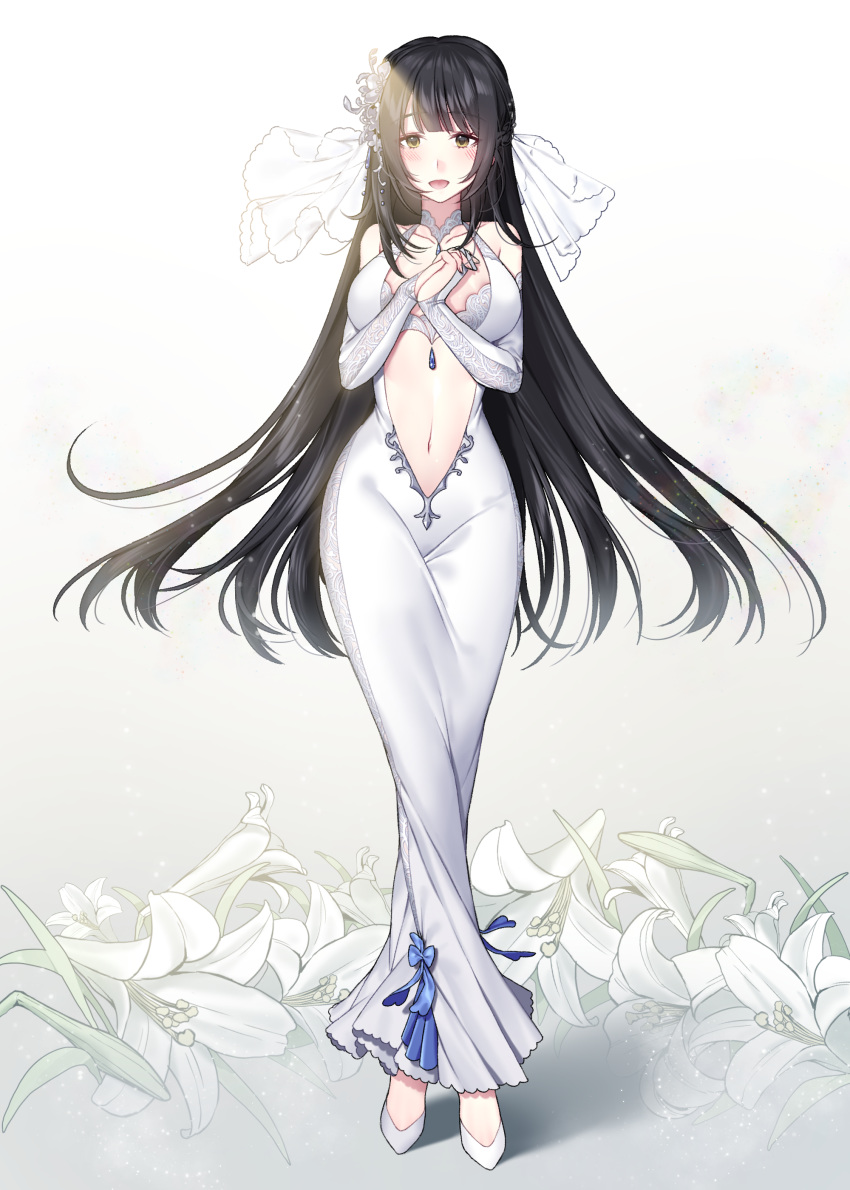 :d absurdres alternate_costume bangs bare_shoulders black_hair blunt_bangs blush braid breasts bridal_gauntlets center_opening cleavage collarbone crossed_legs dress eyebrows_visible_through_hair flower french_braid full_body gem girls_frontline gradient gradient_background hair_flower hair_ornament hands_clasped highres ia_(ias1010) large_breasts long_hair looking_at_viewer navel no_legwear open_mouth own_hands_together qbz-95_(girls_frontline) sleeveless sleeveless_dress smile solo stomach straight_hair tsurime very_long_hair watson_cross white_background white_dress white_flower white_footwear