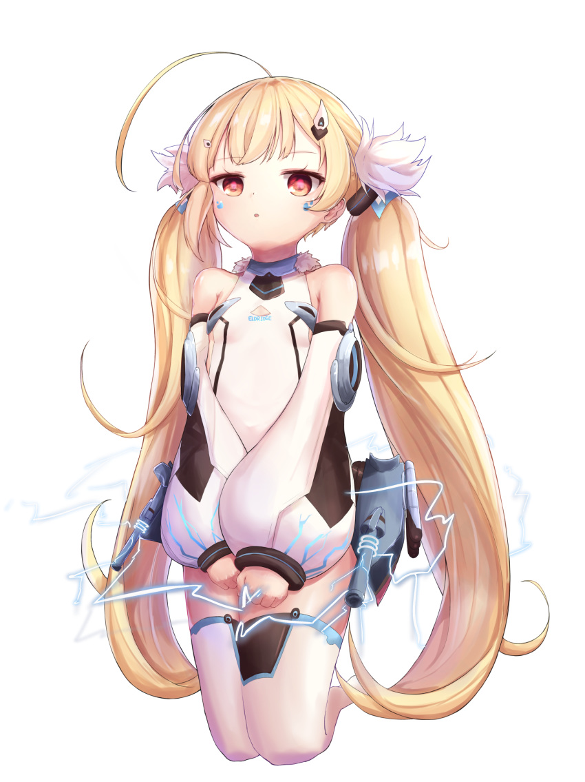 :o azur_lane bangs bare_shoulders blonde_hair blush breasts cannon character_name collarbone commentary_request detached_sleeves dress eldridge_(azur_lane) electricity eyebrows_visible_through_hair facial_mark highres kneehighs long_hair long_sleeves looking_at_viewer no_shoes parted_lips puffy_long_sleeves puffy_sleeves red_eyes set_(vrkdgus1) simple_background sleeveless sleeveless_dress sleeves_past_wrists small_breasts solo thighhighs twintails very_long_hair white_background white_dress white_legwear