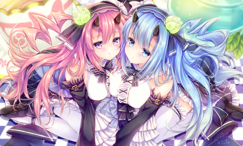 azur_lane bangs bare_shoulders black_footwear black_hairband black_ribbon black_skirt blue_eyes blue_hair blue_hairband blush breasts center_frills checkered checkered_floor commentary_request detached_sleeves eyebrows_visible_through_hair flower frills green_flower green_rose hair_between_eyes hair_flower hair_ornament hairband horns ikazuchi_(azur_lane) inazuma_(azur_lane) kabocha_usagi large_breasts long_hair long_sleeves looking_at_viewer multiple_girls pantyhose parted_lips pink_hair purple_eyes ribbon rose shirt shoes signature sitting skirt sleeveless sleeveless_shirt striped thighhighs vertical-striped_skirt vertical_stripes very_long_hair wariza white_legwear white_shirt