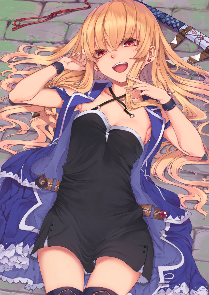 :d absurdres armpits arms_up bangs belt black_dress black_legwear blonde_hair blue_vest blush breasts cleavage collarbone criss-cross_halter dress eyebrows_visible_through_hair halterneck head_tilt highres long_hair lying mizuiro_raika moss on_back on_ground open_clothes open_mouth open_vest original red_eyes sheath sheathed short_dress small_breasts smile solo stone_floor sweatband sword thigh_gap thighhighs unbuckled_belt upper_teeth very_long_hair vest weapon zettai_ryouiki