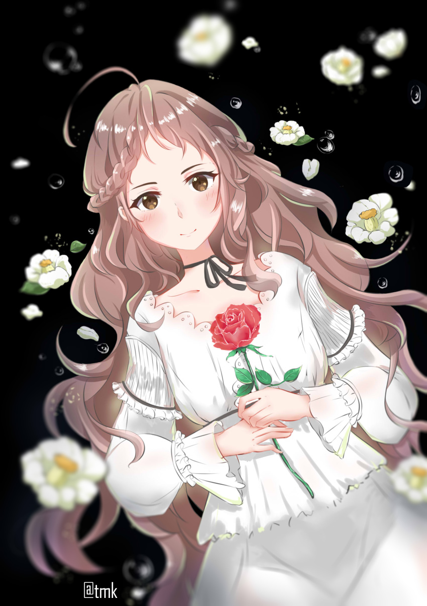 absurdres ahoge black_background blush braid brown_eyes brown_hair charlotte_abelfreyja_drossel crown_braid dress flower highres holding holding_flower long_hair looking_at_viewer smile solo tamako-(tmk) violet_evergarden white_dress