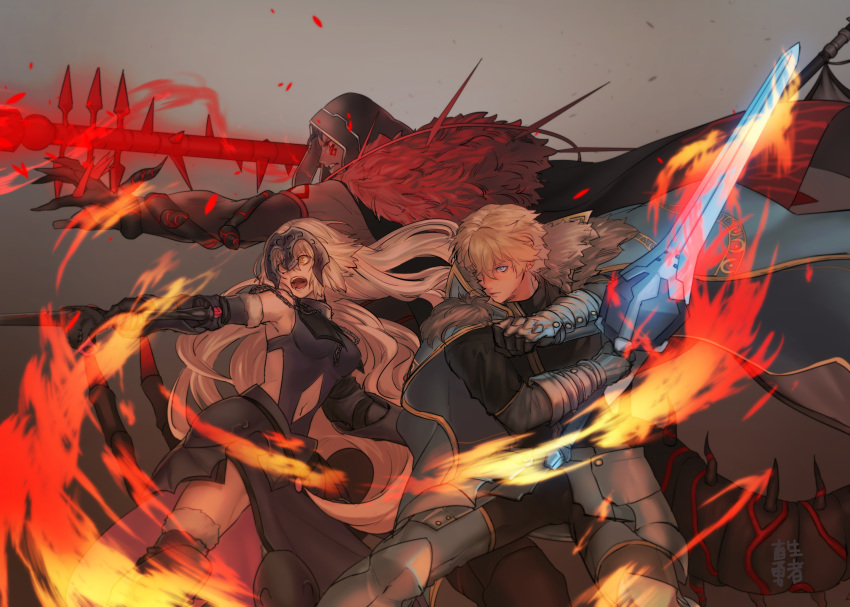 2boys armor armored_dress blonde_hair blue_eyes cape clenched_teeth cu_chulainn_alter_(fate/grand_order) excalibur_galatine facepaint facial_mark fate/grand_order fate_(series) fur_trim gae_bolg gawain_(fate/grand_order) gloves grey_background headpiece highres holding holding_spear holding_sword holding_weapon hood jeanne_d'arc_(alter)_(fate) jeanne_d'arc_(fate)_(all) lancer long_hair multiple_boys polearm red_eyes serious simple_background spear spikes sword tattoo teeth thighhighs weapon yellow_eyes yuusya27
