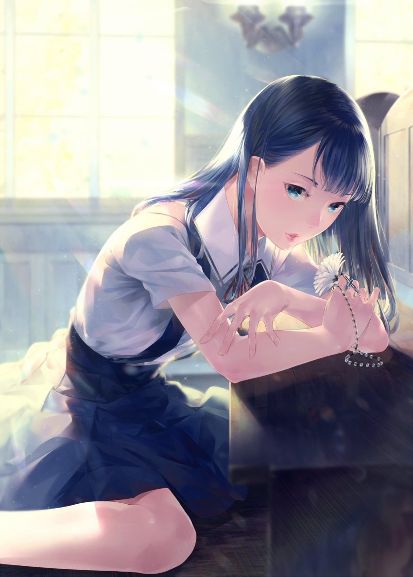 blue_eyes blue_hair blue_skirt blurry blurry_background collared_shirt cross day depth_of_field flower from_side high-waist_skirt highres indoors light_rays long_hair looking_at_viewer neck_ribbon original red_neckwear red_ribbon ribbon rosary shirt sitting skirt solo sousou_(sousouworks) suspender_skirt suspenders wariza white_shirt window wing_collar
