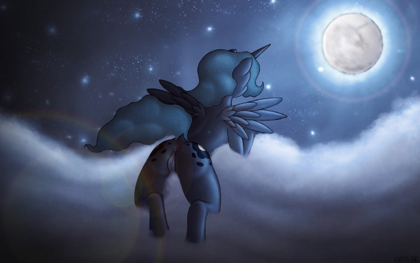 007delta 2016 anus blue_feathers blue_fur blue_hair butt cloud detailed_background equine feathered_wings feathers female feral friendship_is_magic fur hair horn lens_flare lying mammal moon my_little_pony night on_front outside princess_luna_(mlp) pussy sky solo spread_wings star starry_sky winged_unicorn wings